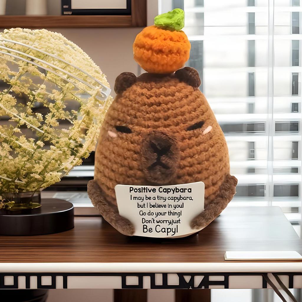 Positive Crochet Animals Capybara Doll With Card Desktop Ornament Handmade Knitted Cheer Up Capybara Doll Home Room Decorations