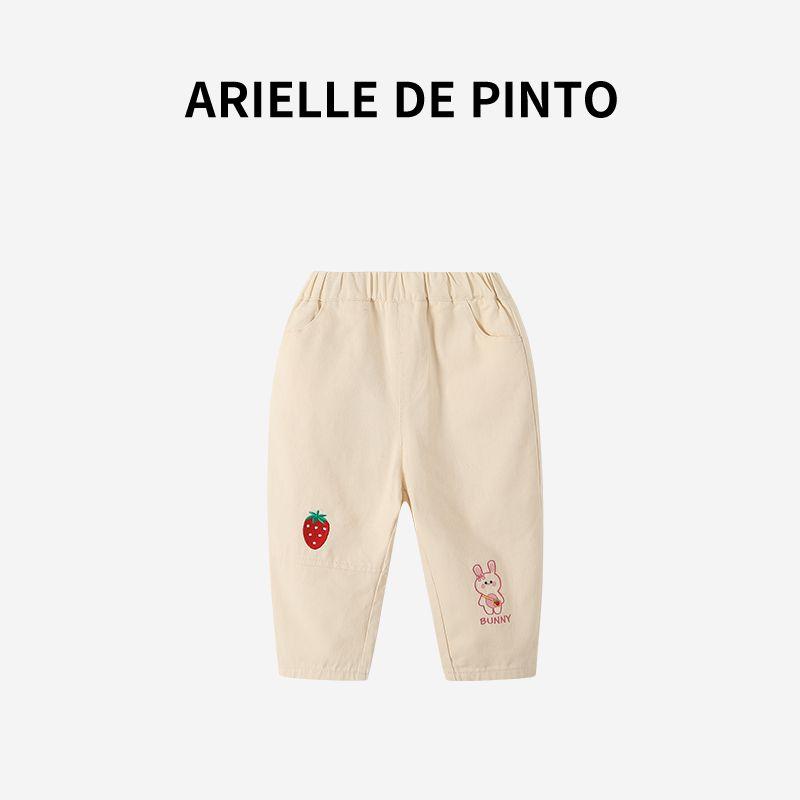 French Arielle De Pinto Girls  Strawberry Rabbit Casual Pants Autumn Fashion Children s Embroidered Pants Beige 140