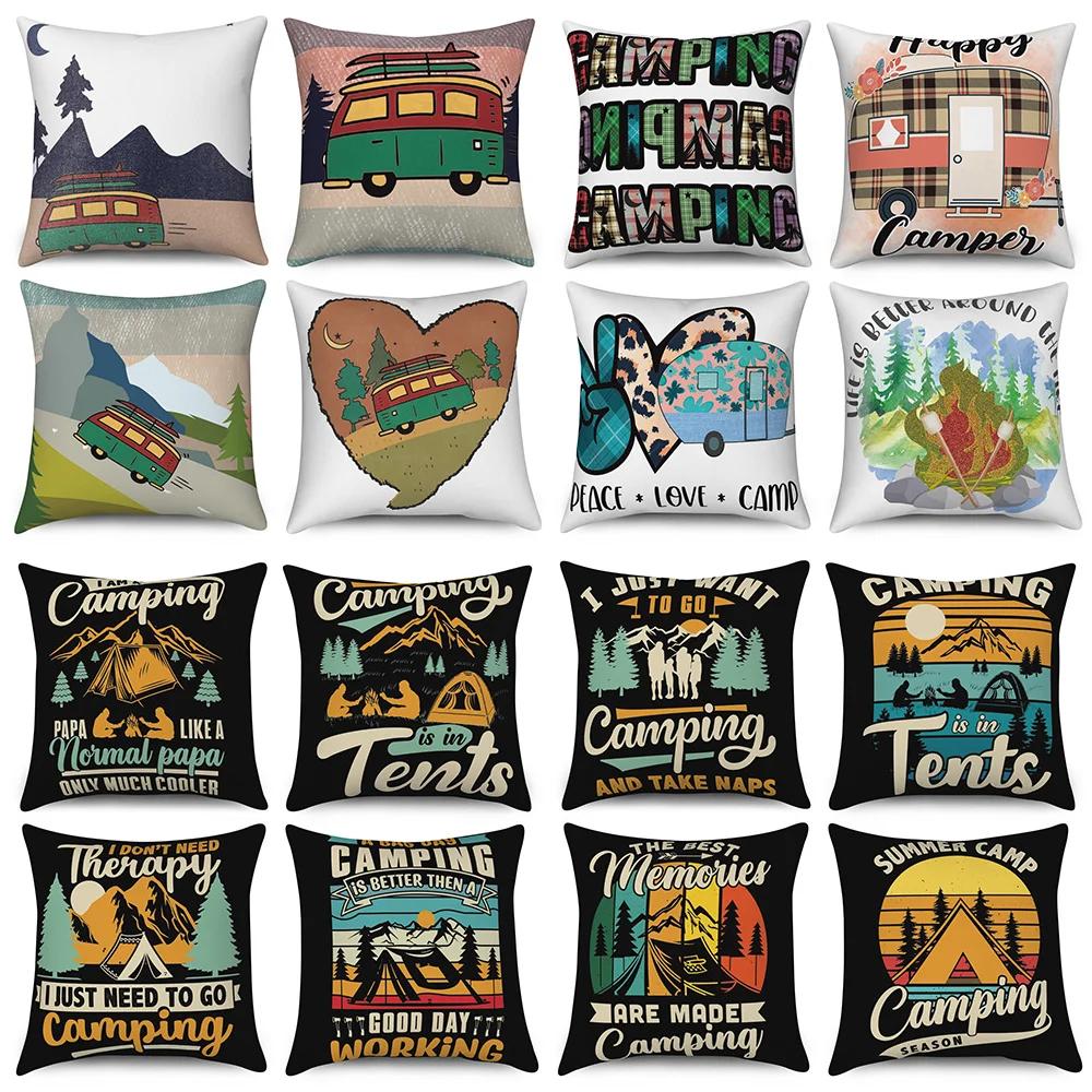 Decorative Cushion Covers Camping Bus Printed Pillow Home Sofa Throw