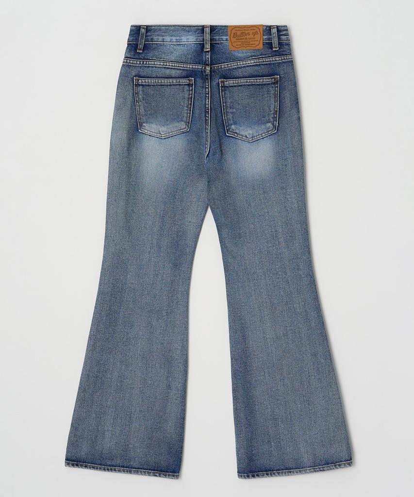 Pantalons en Jean Semi-Évasés Lavés Vintage à Boutons (Bleu)