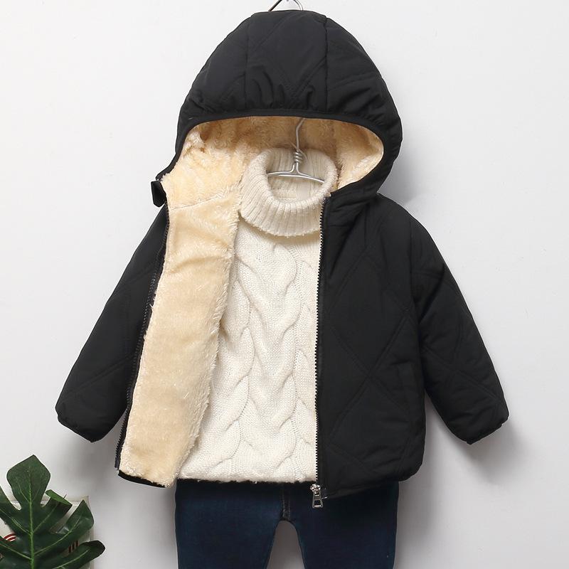 Children's Autumn and Winter Padded Short Solid-coloured Jacket with Hood Thickened Warm Outerwear