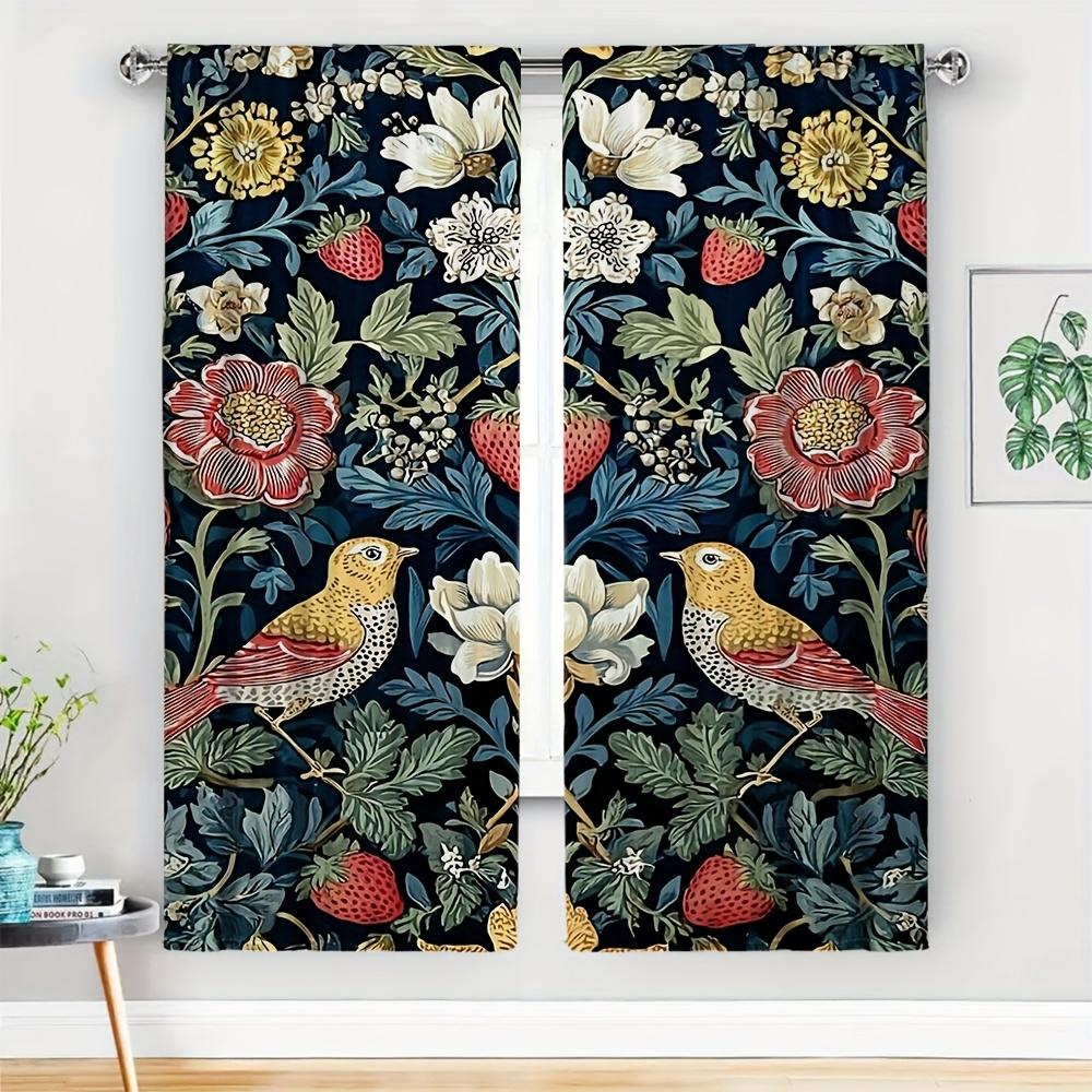 

2pcs William Morris Style Curtains No Rod Navy Blue Bird & Floral Pattern, Sheer Polyester for Living Room, Bedroom, Door 53x116CM&Rod Pocket&2 panels
