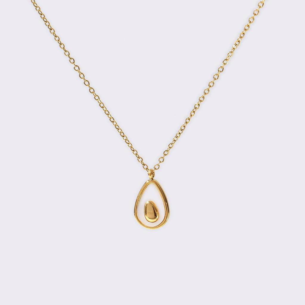 Gold-Plated Clavicle Necklace with Milky White Faux Shell Avocado Design