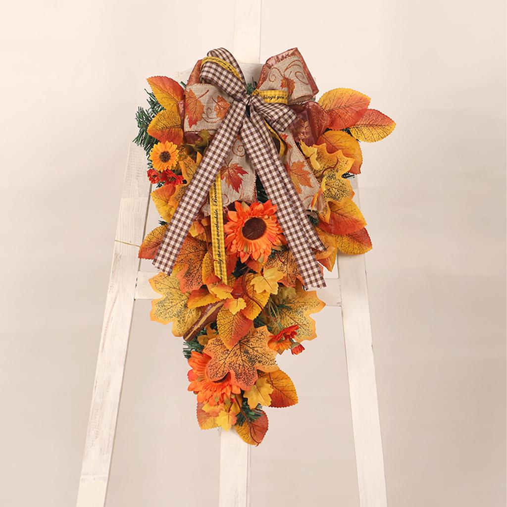 Artificial Wreath Sunflower Silk Cloth Orange Elegant Ribbon Bow Fall Decorations Wreath