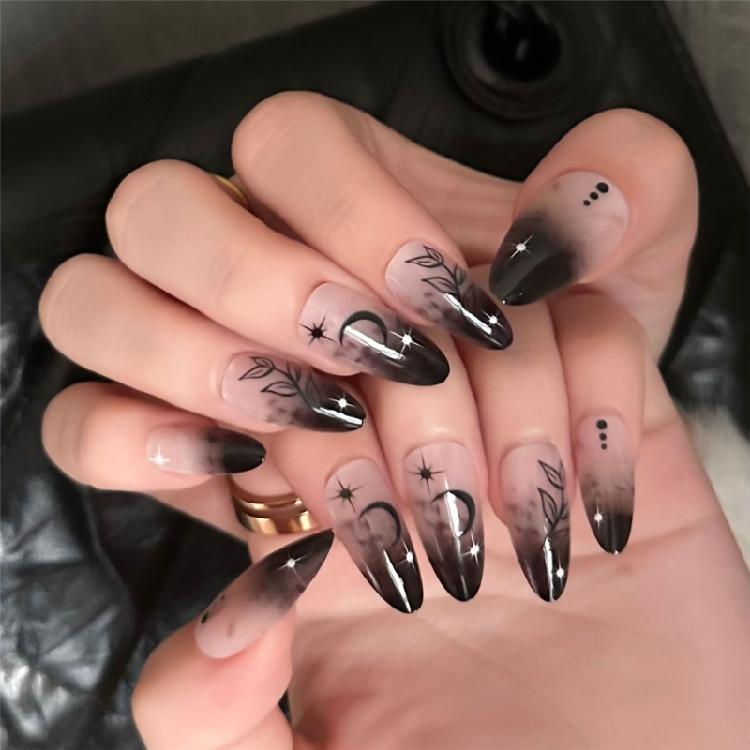 

24 Pcs Gradient Stick on Nail Star Moon Artificial Nail Medium Almond False Nail Glossy Press On Nail for Woman 1
