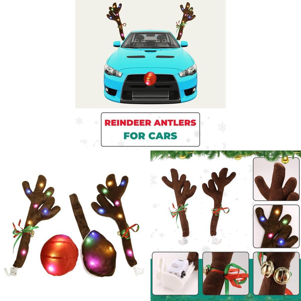 Plush Led Reindeer Antler Car Decor Kit With Lighted Nose And Tail For Festive Vehicle Ornamentation