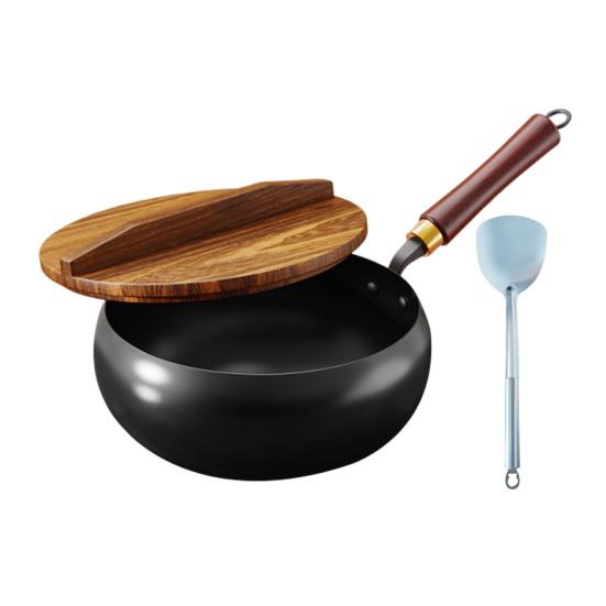 Non-Stick Iron Wok with Wood Handle Traditional Forged Iron Pot for Gas & Induction Stoves Rust-Resistant Uncoated Deep Pot for Frying Stir-Frying