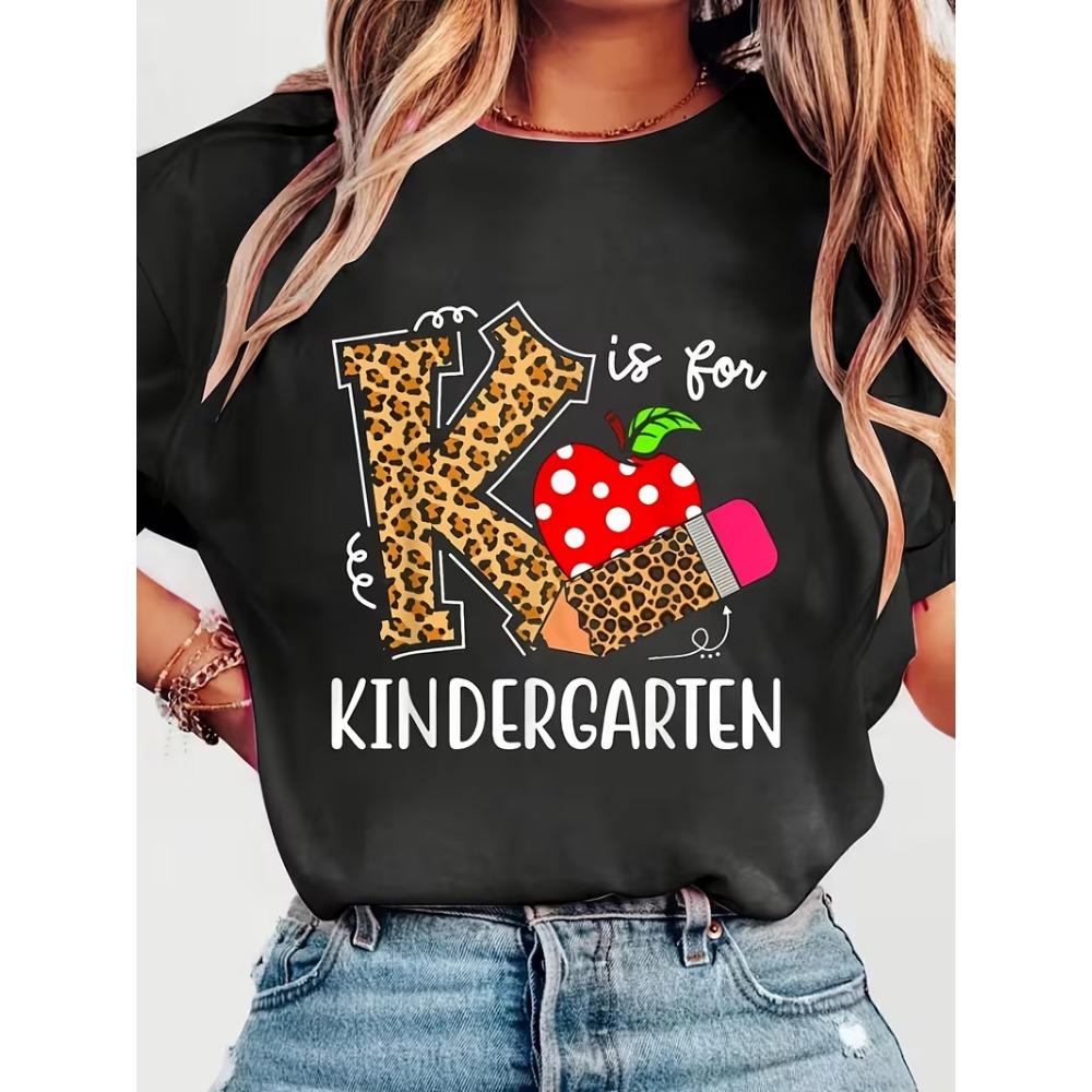 Happy First Day of School Print T-Shirt Women’s Crew Neck Short Sleeve Colorful Pencil Book Print for Back To School