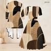 Women Plus Size Two Piece Set Abstract Printed Square Neck Tie Waist Flared Dress 3 4 Sleeve Cardigan