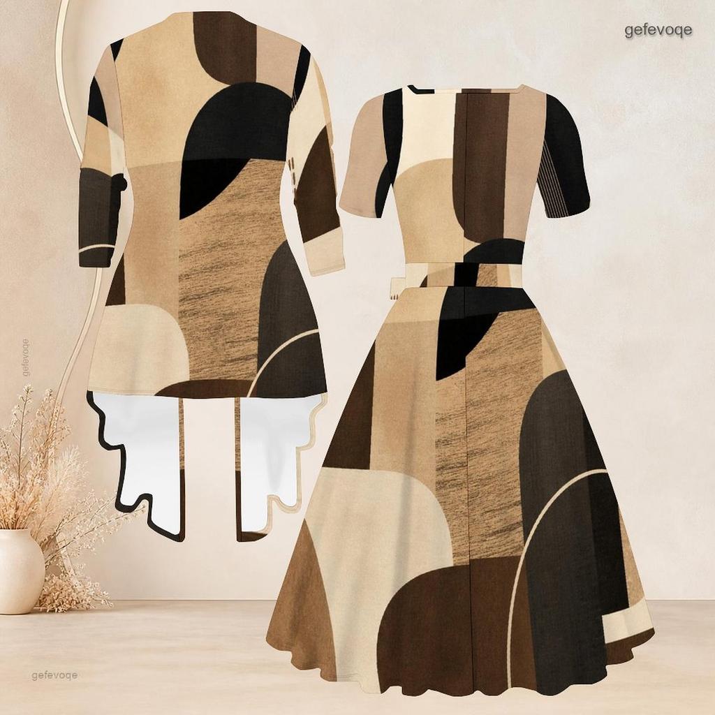 Women Plus Size Two Piece Set Abstract Printed Square Neck Tie Waist Flared Dress 3 4 Sleeve Cardigan