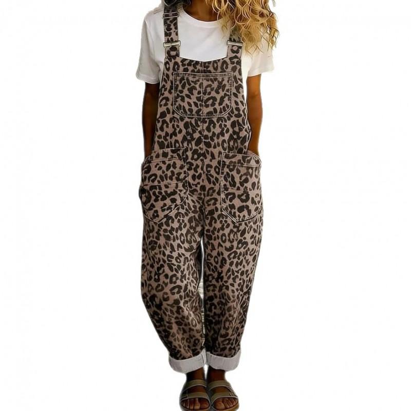 Leopard Print Denim Overalls With Adjustable Straps Pockets Relaxed Fit Cuffed Leg Womens Casual Jumpsuit