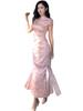 Women's Summer Waist-Cinched Satin Jacquard Qipao Dress with Stand Collar