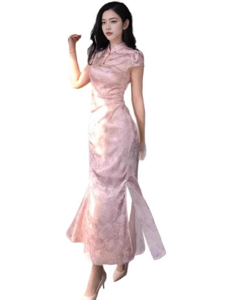 Women's Summer Waist-Cinched Satin Jacquard Qipao Dress with Stand Collar