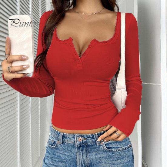 Lightweight Long Sleeve Shirt Women Tops Regular Fit V Neck Lace Stitching Office Wear Blouse Pullover Solid Color Autumn Winter Daily Dressy Top