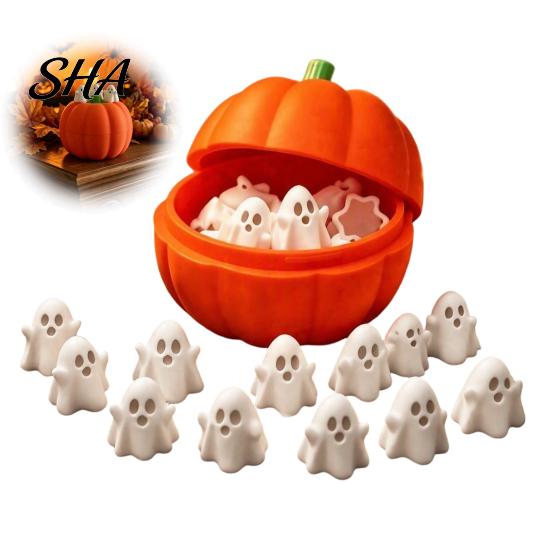 Halloween Table Decor Pumpkin Bucket with Mini Ghosts, Candy Bowl, Cute Ghost Decoration Set Figurines, Party Snack Holder for Farmhouse Home