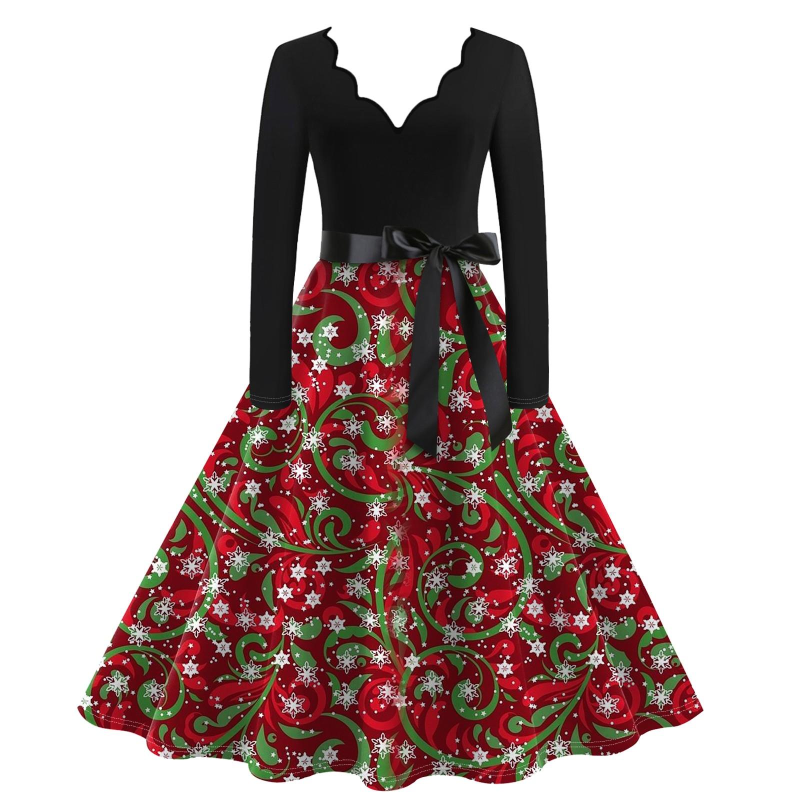 

Женское повседневное модное винтажное платье с V-образным вырезом и длинным рукавом с рождественским принтом S винный