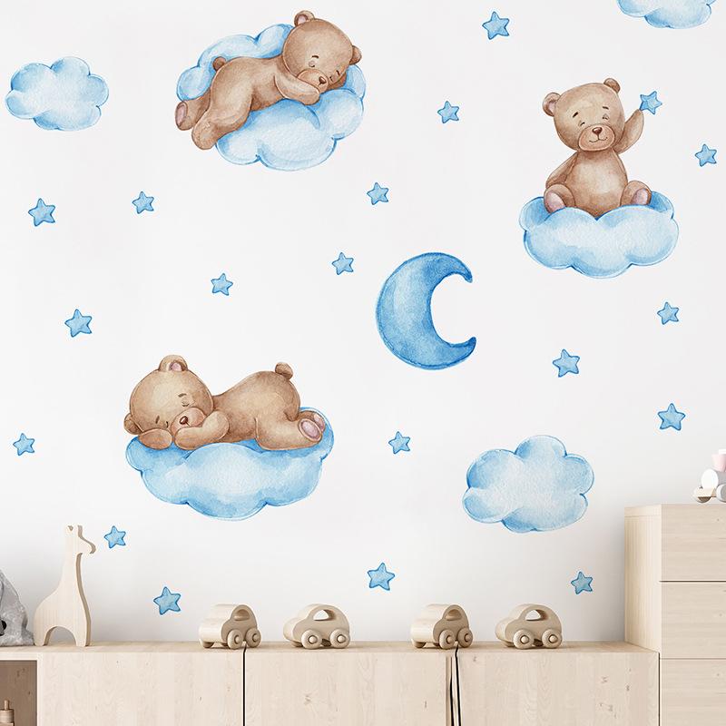 Cartoon Blue Teddy Bear Moon Wall Stickers For Kids Room Baby Nursery Decor Bedroom Wall Decals