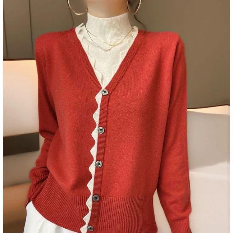 

Светр 2 в 1 з коміром-стійкою, Стильний кольоровий блок, Застібка на ґудзики спереду, Светр з довгим рукавом для осені та зими, Жіночий одяг 4XL