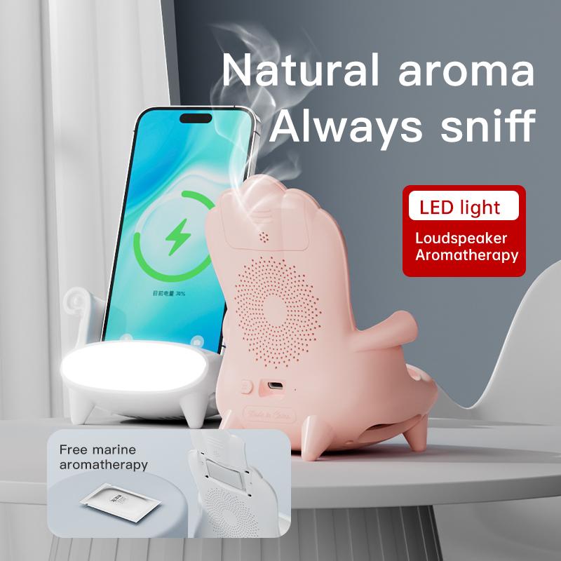 Supporto per telefono da tavolo Supporto per ricarica rapida da 15 W Luce notturna a led Aromaterapia Altoparlante Raffreddamento Caricatore wireless magnetico Universale