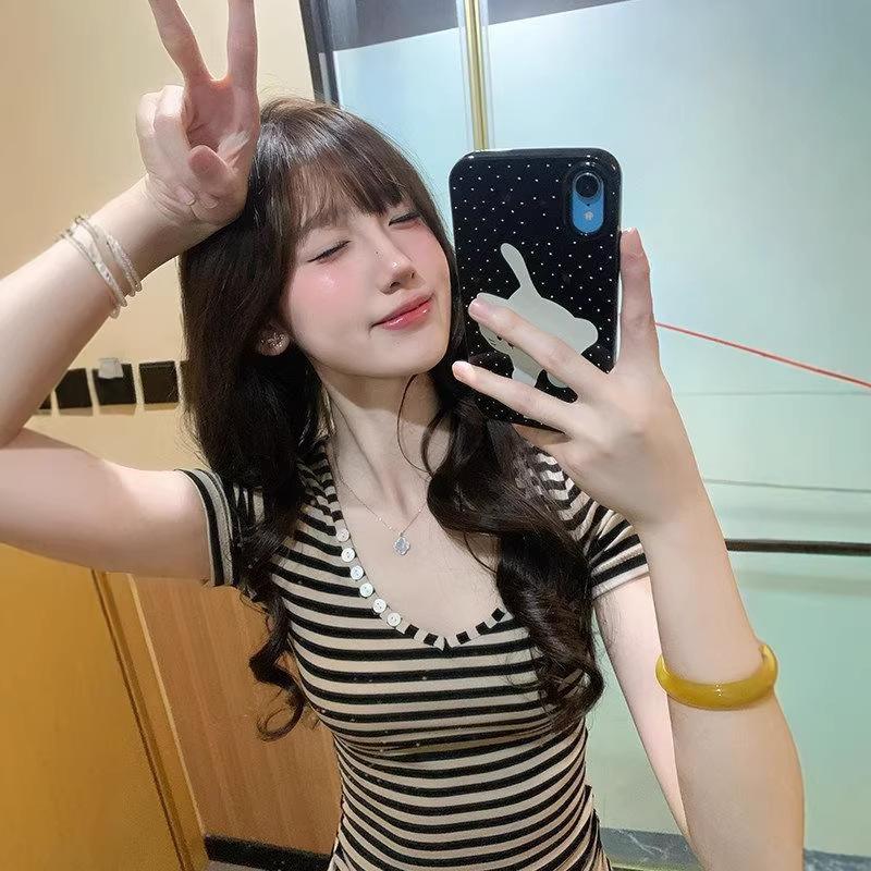 Spice Girl Striped Button U-Neck Shoulder Short Sleeve T-Shirt Women's Summer New Slim Skinny Versatile Top