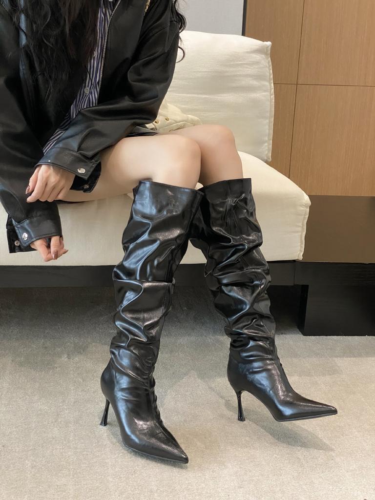High-heeled Sleeve Pleated Piled Boots Women's 2025 Autumn and Winter Sexy Pointed Thin Heels High But Knee-long Boots