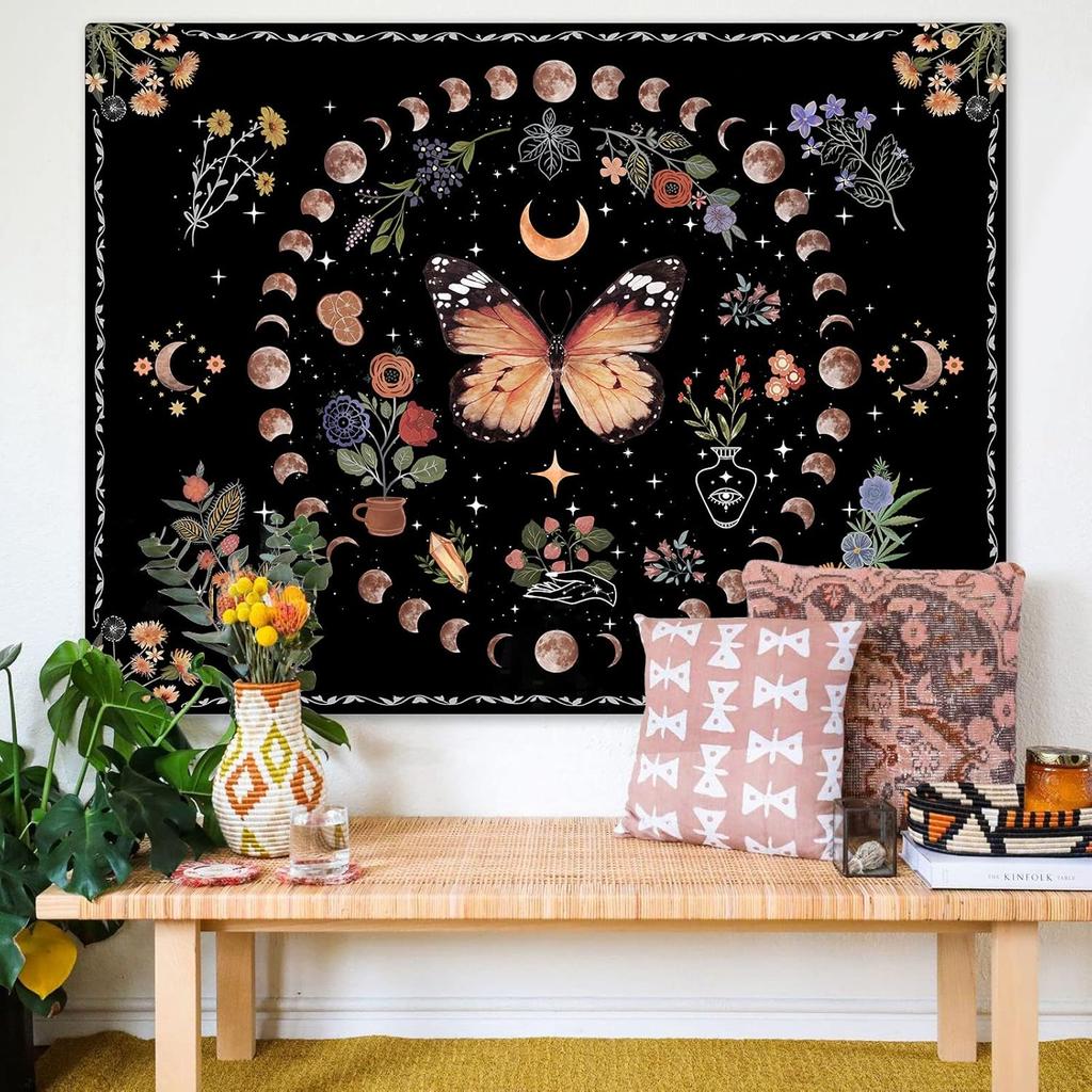 Orange Butterfly Moon Flower Tapestry Boho Floral Plant Tapestries For Bedroom Aesthetic Tapastry'S Wall Hanging Mandala