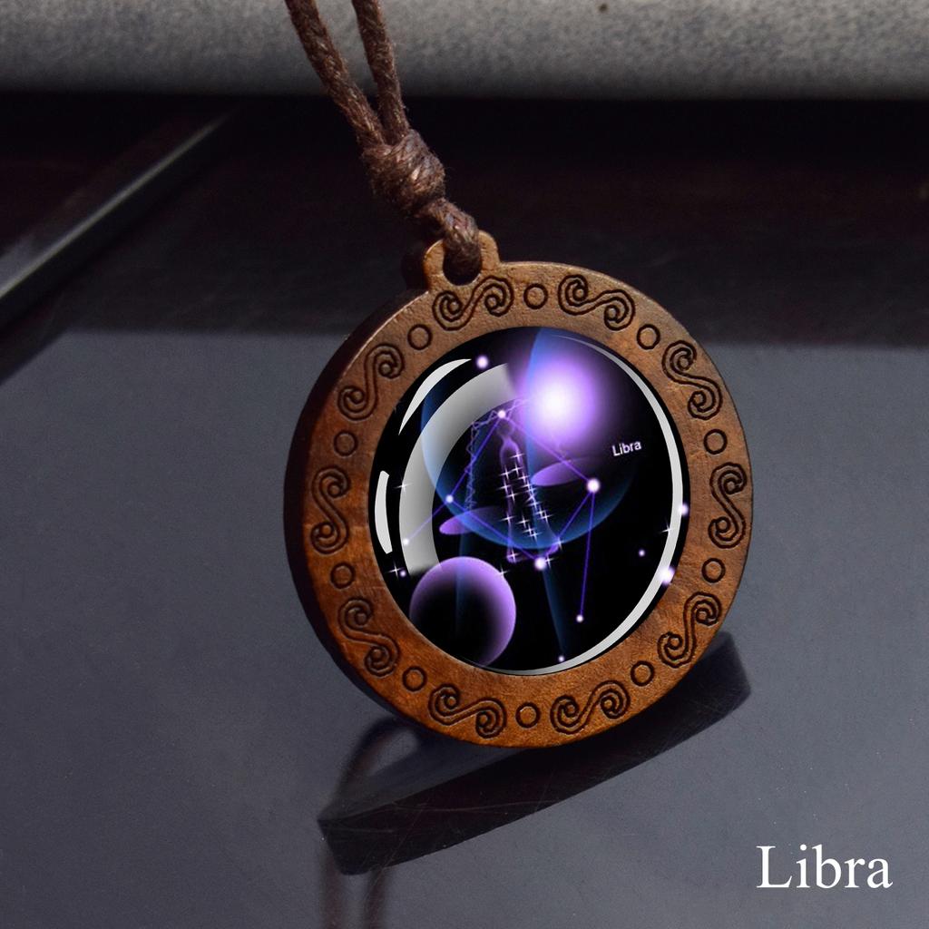 12 Constellation Necklace Starry Sky Zodiac Round Glass Wood Pendant Necklace Birthday Gift Couples Jewelry