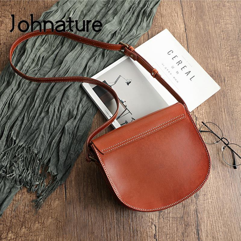 Johnature Simple Genuine Leather Women Bag Handmade Vintage Shoulder Bags Solid Color Natural Cowhide Messenger Bag