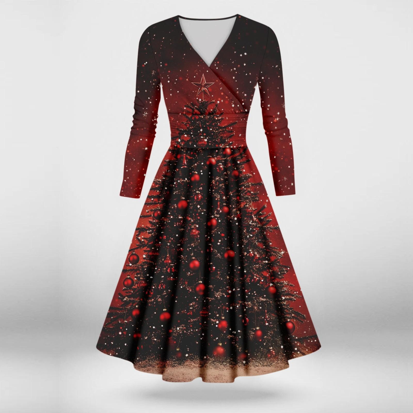 

Женское повседневное и модное сексуальное платье с v-образным вырезом и длинными рукавами с рождественским принтом S винный