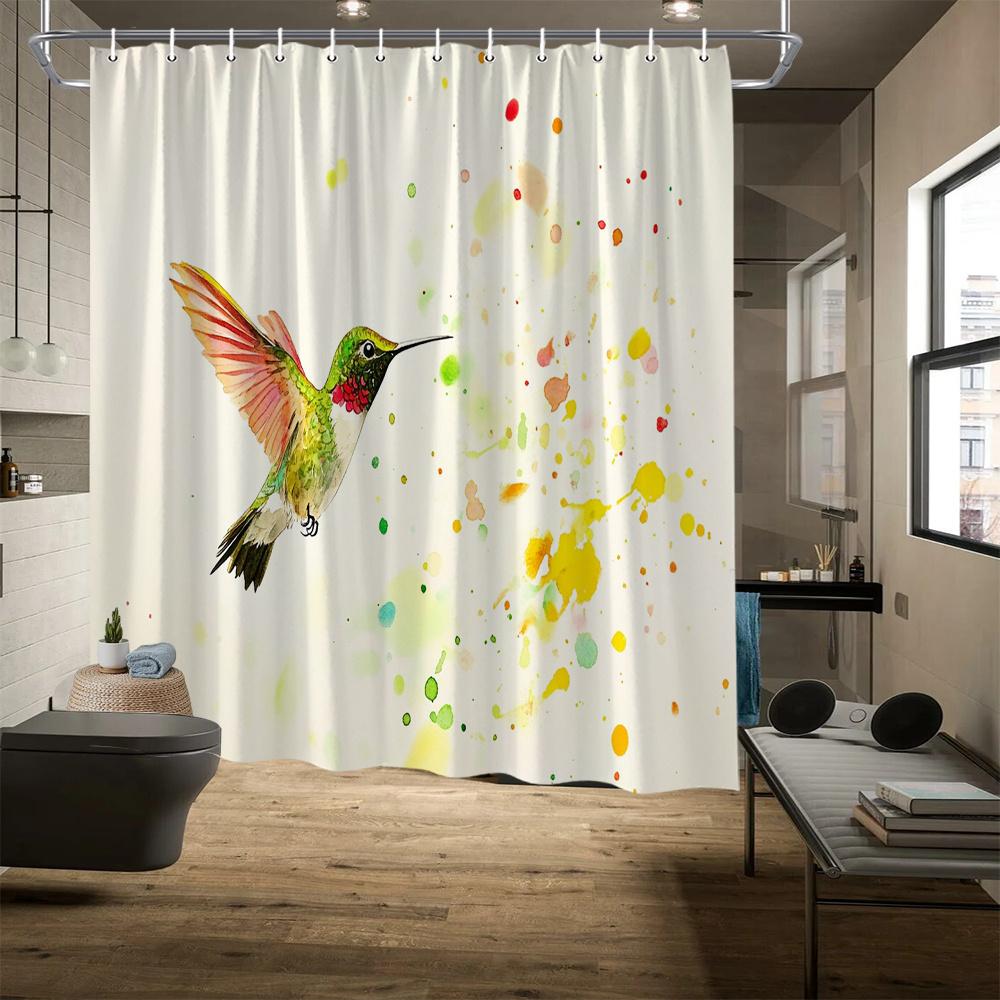 Vibrant Hummingbird Shower Curtain, Abstract Watercolor Design, Playful Animal Theme,Bathtub & Bathroom Decor W90xH180cm
