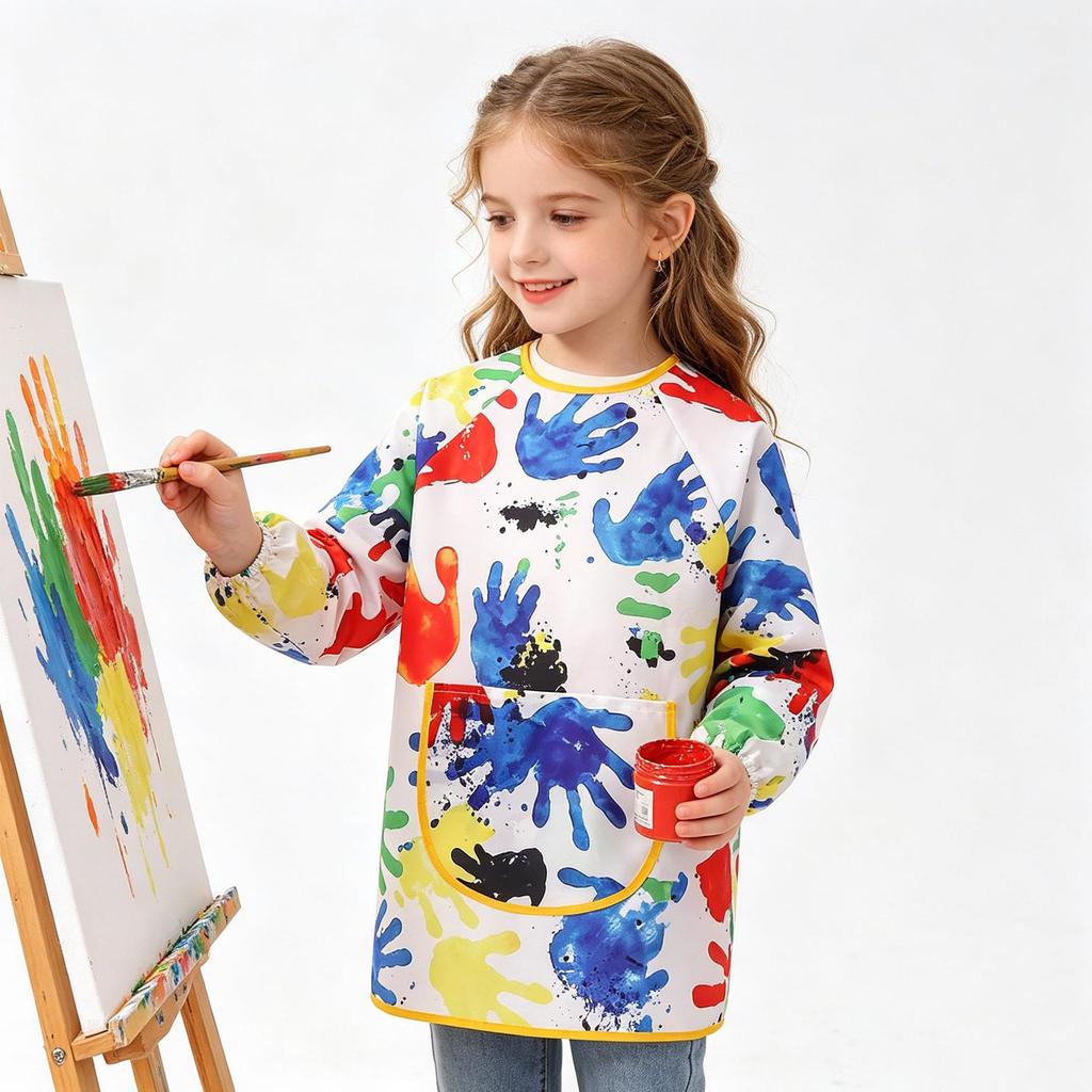 Kids' Waterproof Long-Sleeve Painting Smock with Back Buttons - Baby Bib Apron for Eating & Art