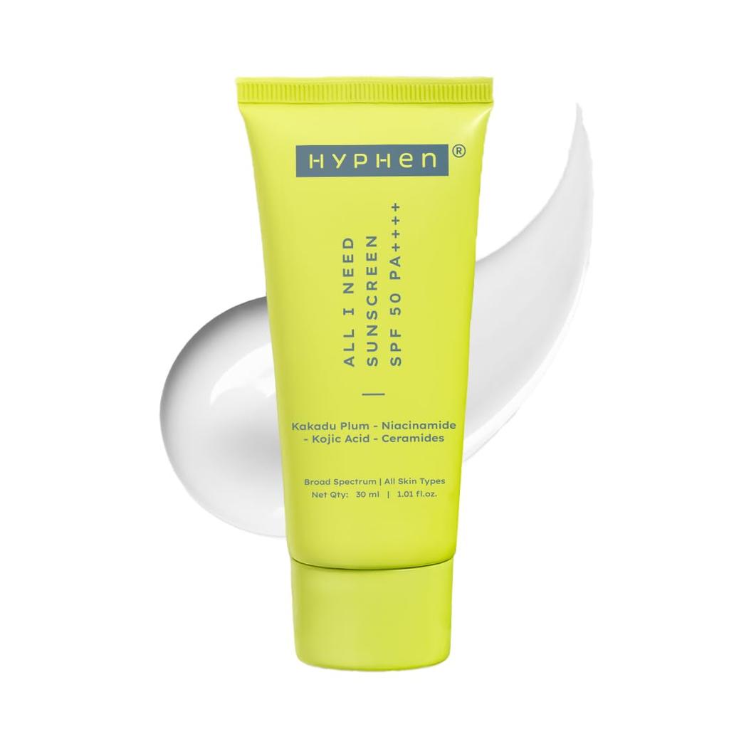 Hyphen All I Need Sunscreen SPF50 PA++++ | Brightens with Niacinamide, Kojic Acid, Vit C Rich Kakadu Plum | Hydrating Winter Sunscreen Moisturize