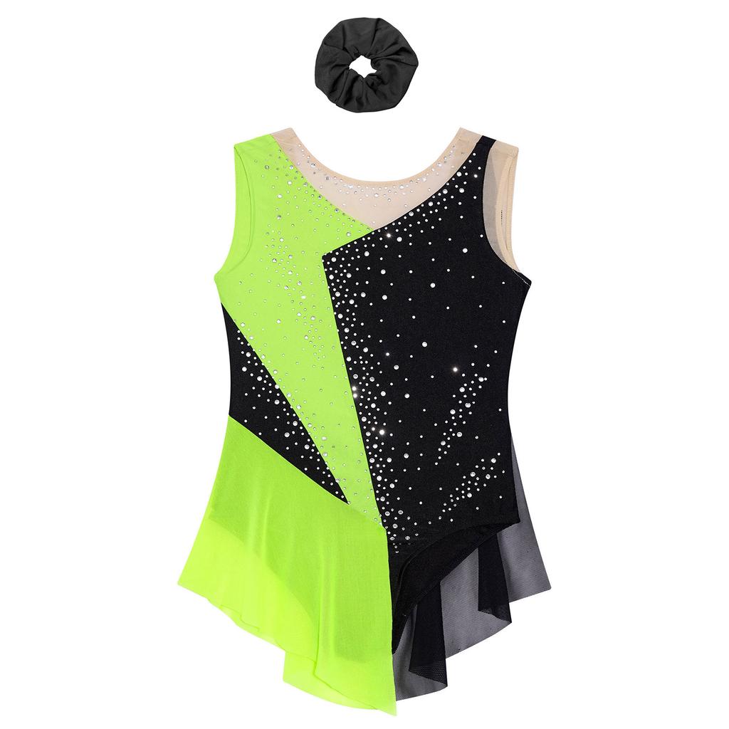 Girls Figure Skating Outfit Sparkly Rhinestone Color Block Leotard Sheer Mesh Patchwork Sleeveless Bodysuit