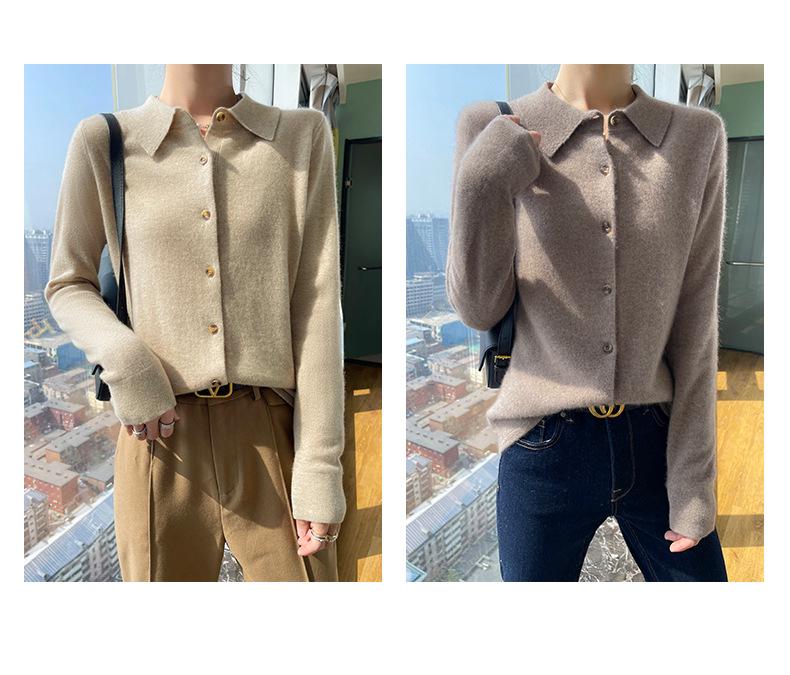 Pure Wool Women's Polo Collar Knit Cardigan – Autumn/Winter, Solid Color, Skin-Friendly, Single-Breasted Outerwear.