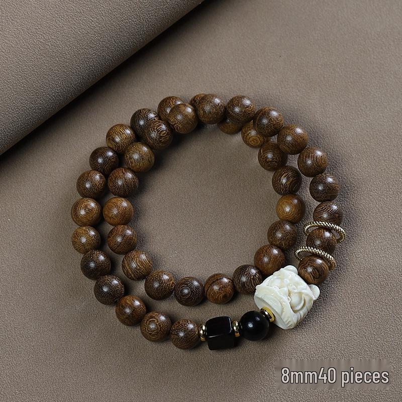 Green Sandalwood Gold Thread Double Wrap Bracelet with Lion Dance Ring - Wooden Buddhist Beads, Chinese Style Couple Accessory