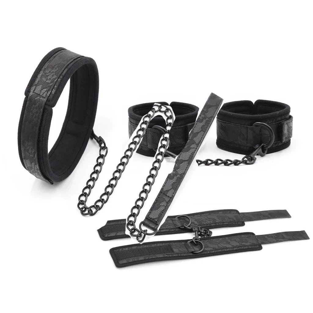 Adjustable Lace Neck Collar Handcuffs Ankle Cuffs Set  Slave Bondage Stainless Steel Open Leg Bar Sex Toys for Couples Woman