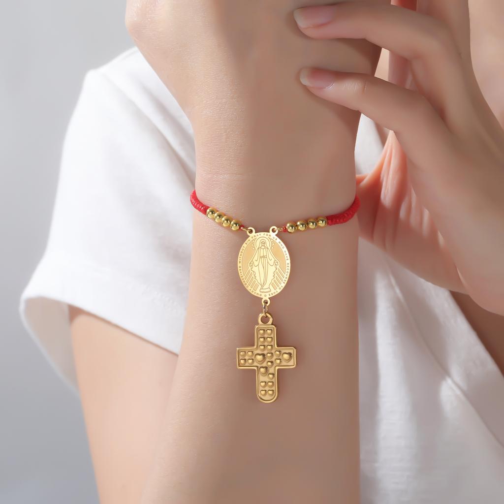 Teamer Saint Christopher Virgin Mary Emboss Heart Cross Pendant Beads Bracelet Stainless Steel Red Black Rope Chain Jewelry