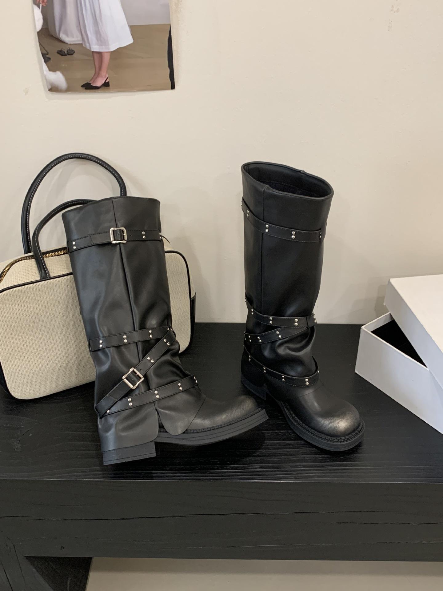 

Niche design sense 2025 autumn and winter new retro trouser boots pleated pile thick heel high boots 39 холодний колір чорний