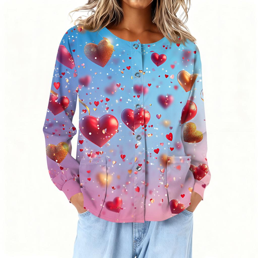 Women Long Sleeve Printed Pocket Working Stand Collar Single-breasted Protective Overalls Cardigan Jacket Top