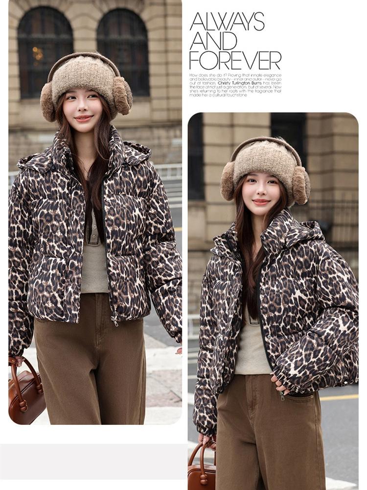 Vintage Odnímatelná Kapuce Leopardí Vzor Krátká Zimní Bunda