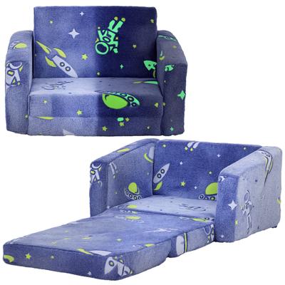 Folding Children's Sofa 2 In 1 Upholstered In Luminous Fabric with Cosmic Pattern Washable Cushion and Cover Blue