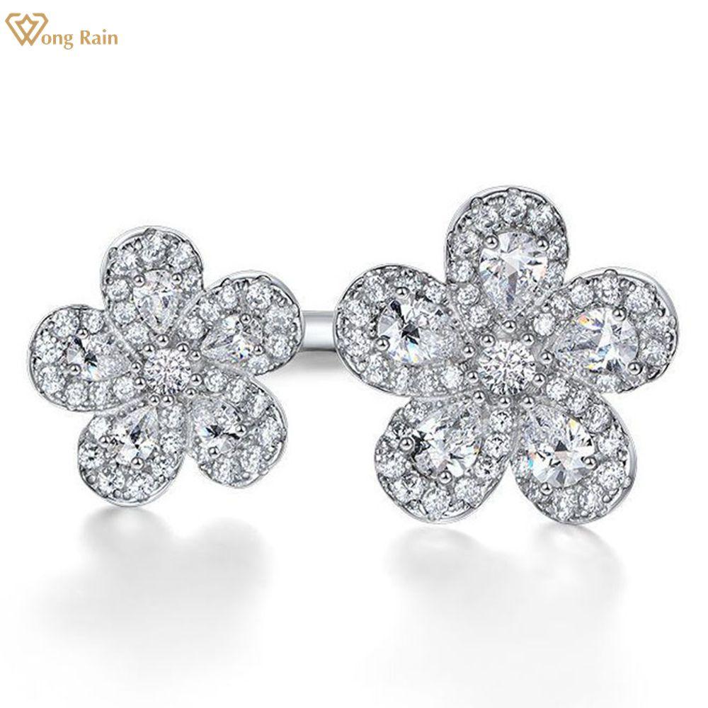 

Wong Rain Романтическое кольцо из 100% стерлингового серебра 925 пробы AAAAA с цирконами, драгоценный камень, юбилейное вечерние, открытое регулируемое кольцо с цветами для женщин, ювелирные изделия Open белый