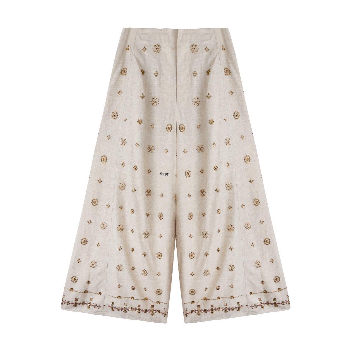Saint-Tropez Bronze Beaded Linen Wide-Leg Women s Summer Pants Large