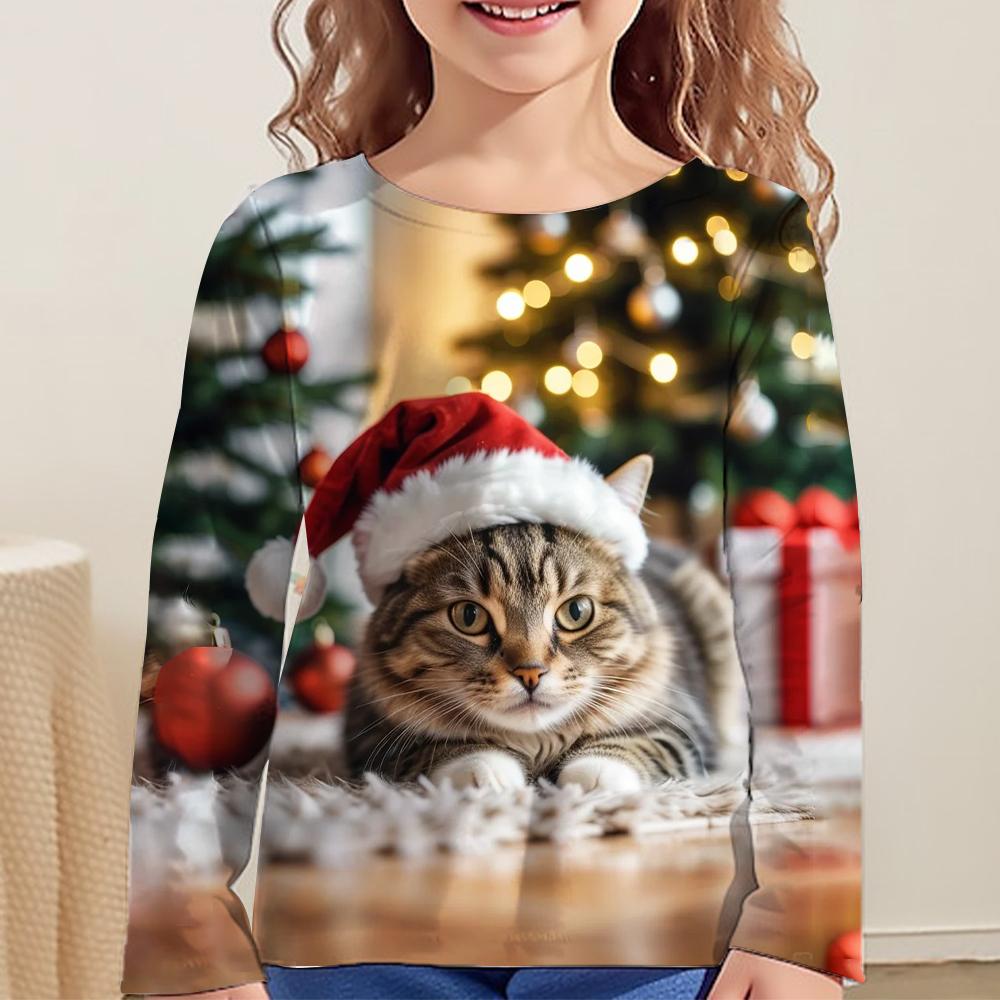 Children's Clothing Long Sleeve Cat Print O-Neck Kids Spring Fall Clothes Fashion Cartoon Girls Clothes T-Shirt Streetwear Tops