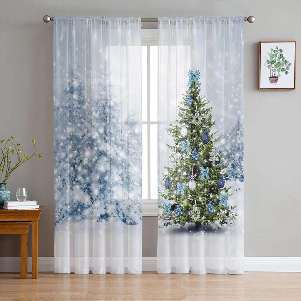 Christmas Tree Print Curtain Bedroom Living Room Cafe Xmas Snowflake Winter Semi Drape Voile Window Treatment Sheer For Sitting Made Of Polyester