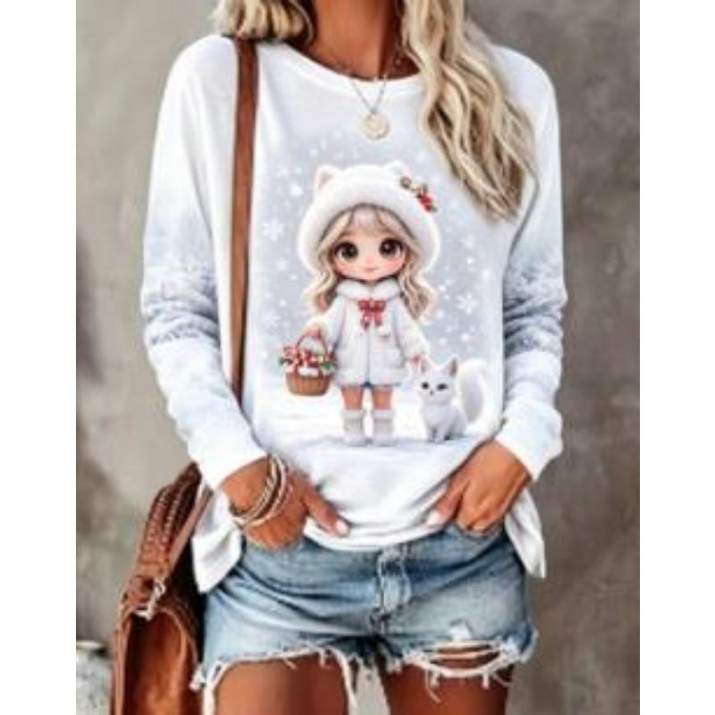 Damen Langarm T-Shirt Weihnachten Cartoon Mädchen Katze Geschenk Schnee Print Rundhals Locker Lässig Feiertagsbluse Oberteile