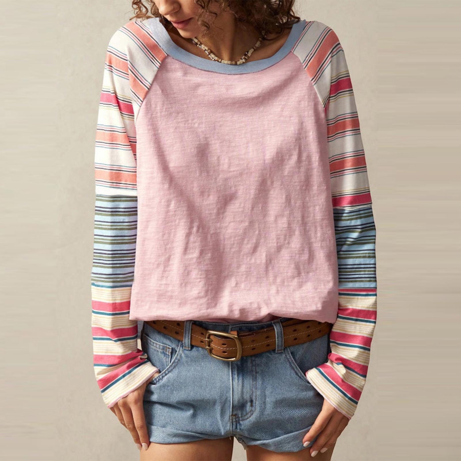 

Ladies Fashionable And Elegant Mixed Color Striped Printed Round Neck Long Sleeved Top S розовый
