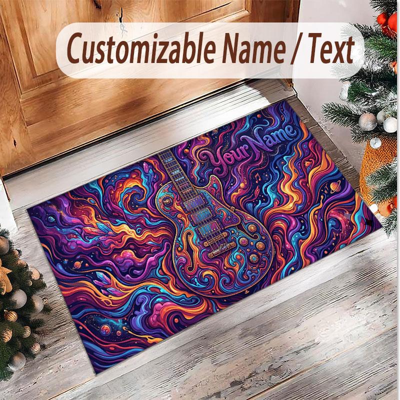 Music Guitar Theme Soft Crystal Velvet Rug Custom Name & Text Print Non Slip Floor Rug for Bedroom Living Room