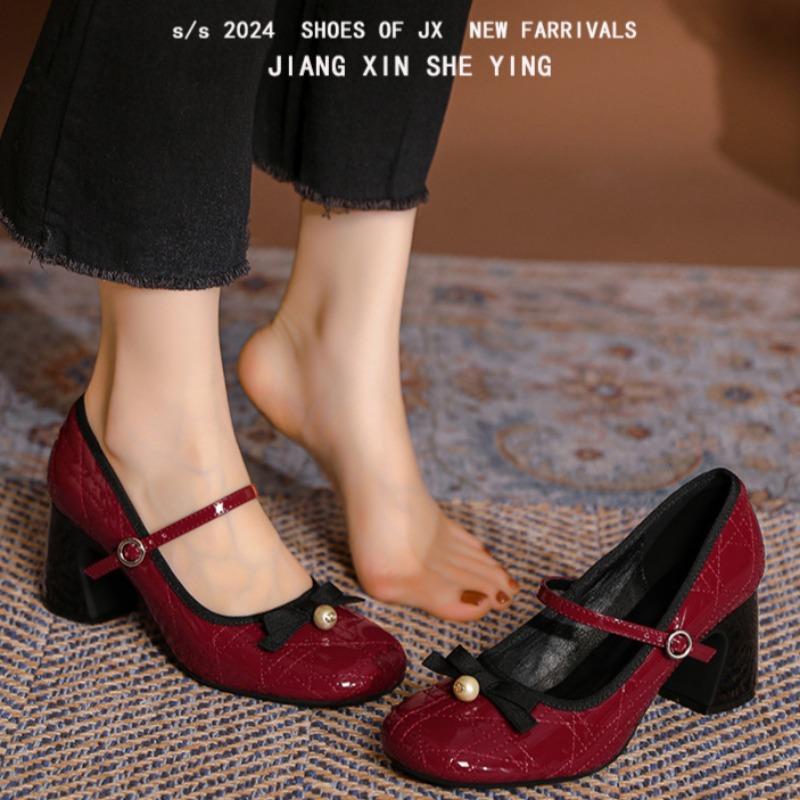 Pantofi Mary Jane cu toc înalt Design de nișă Pantofi de damă Fundă în formă de diamant Pantofi cu toc înalt Pantofi cu vârf rotund Pantofi cu toc gros