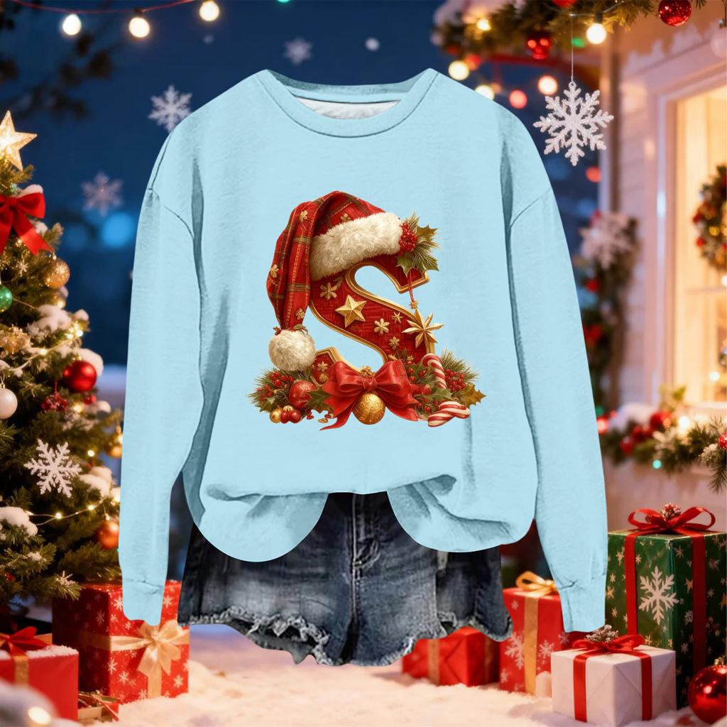Women's Fashionable Casual Long-Sleeved Christmas Letter Print Crew-Neck Sweatshirt